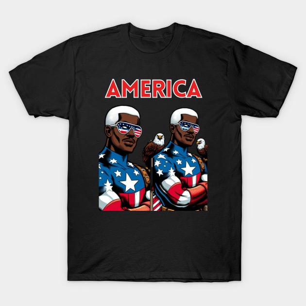 America Black Male Comic Book Superhero Patriotic July 4 USA T-Shirt by Woodpile